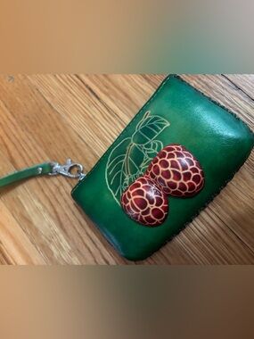 Handmade leather 3d raspberry design coin purse wristlet wallet
